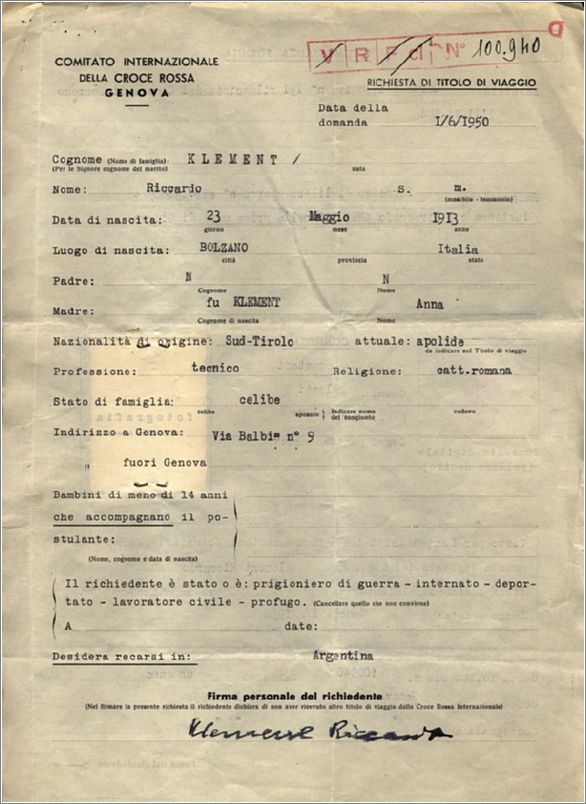 Red Cross Travel document  with the name of Ricardo Klement alias Nazi war criminal Adolf Eichmann